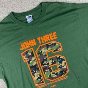 Fruit of the Loom John Three 16 3:16 Graphic T Shirt Olive Green XL Camo Orange